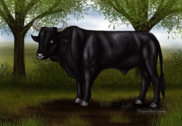動物 Painting - 木の下の黒い雄牛